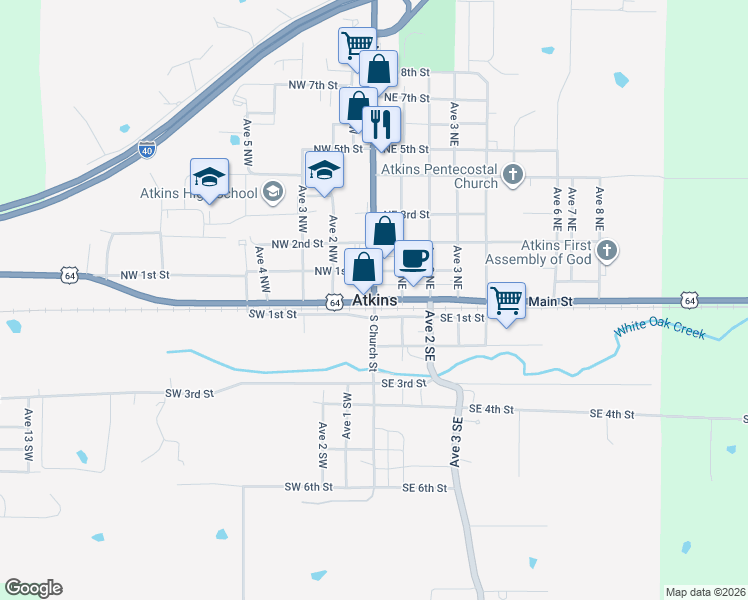 map of restaurants, bars, coffee shops, grocery stores, and more near in Atkins