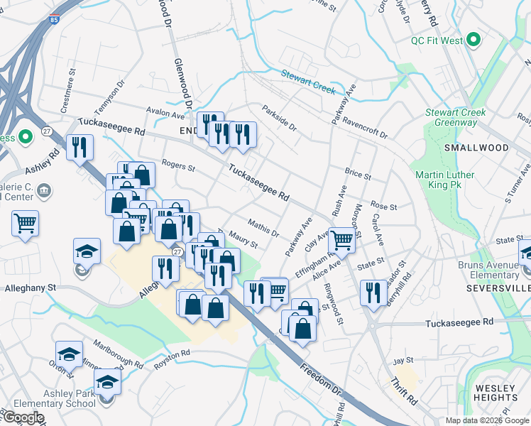 map of restaurants, bars, coffee shops, grocery stores, and more near 1217 Enderly Road in Charlotte