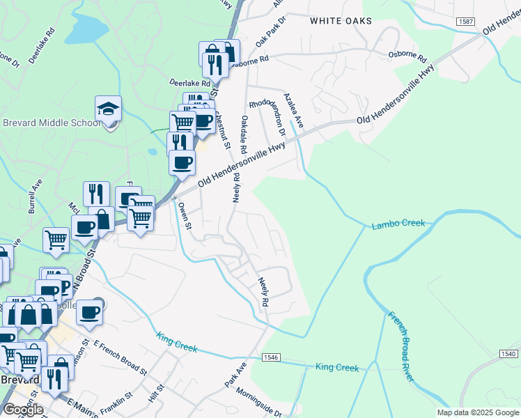 map of restaurants, bars, coffee shops, grocery stores, and more near 96 North Oak Street in Brevard