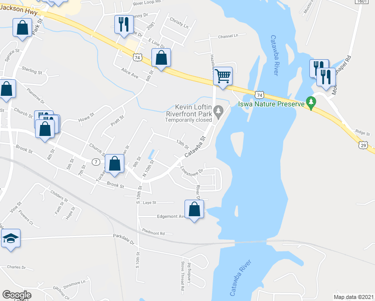 map of restaurants, bars, coffee shops, grocery stores, and more near 1213 Catawba Street in Belmont