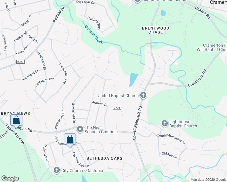 map of restaurants, bars, coffee shops, grocery stores, and more near 2551 Bob White Lane in Gastonia