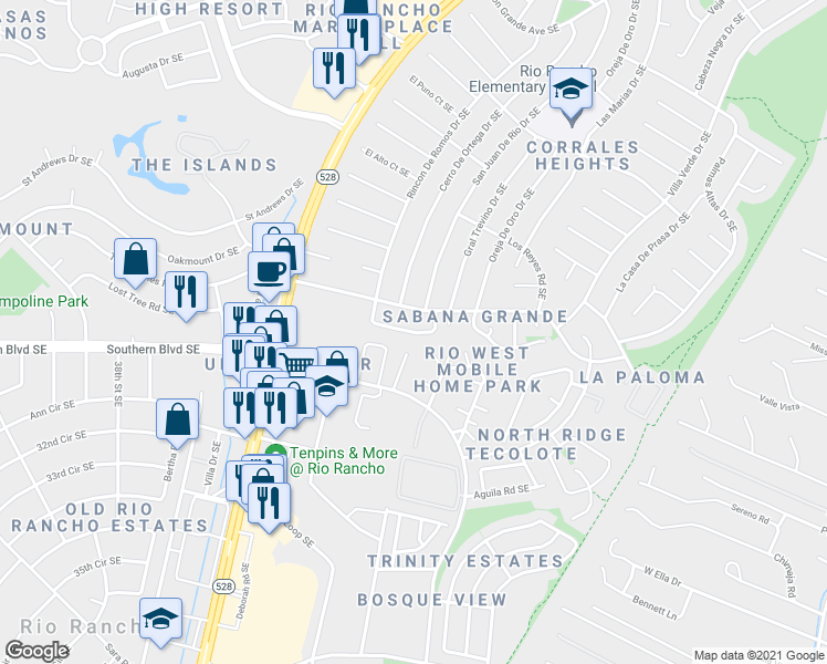 map of restaurants, bars, coffee shops, grocery stores, and more near 4313 Sabana Loop Southeast in Rio Rancho