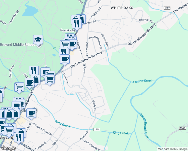 map of restaurants, bars, coffee shops, grocery stores, and more near 96 North Oak Street in Brevard