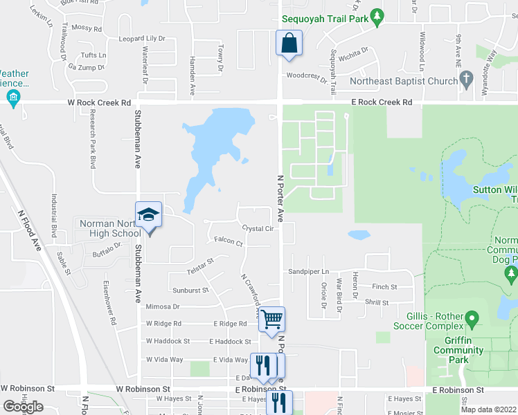 map of restaurants, bars, coffee shops, grocery stores, and more near 125 Crystal Bend in Norman