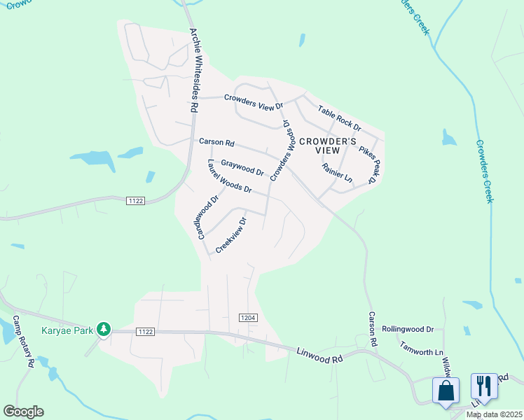 map of restaurants, bars, coffee shops, grocery stores, and more near 1519 Crowders Woods Drive in Gastonia