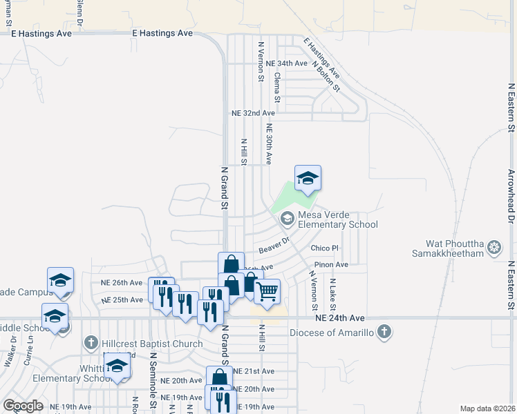 map of restaurants, bars, coffee shops, grocery stores, and more near 2902-2904 North Vernon Street in Amarillo