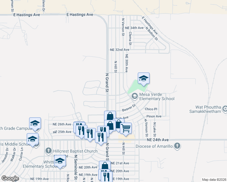 map of restaurants, bars, coffee shops, grocery stores, and more near 2909 North Hill Street in Amarillo