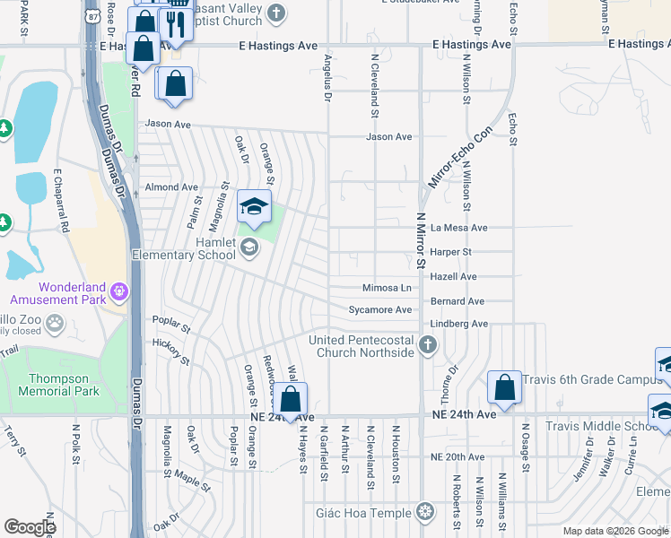 map of restaurants, bars, coffee shops, grocery stores, and more near 2900 North Arthur Street in Amarillo