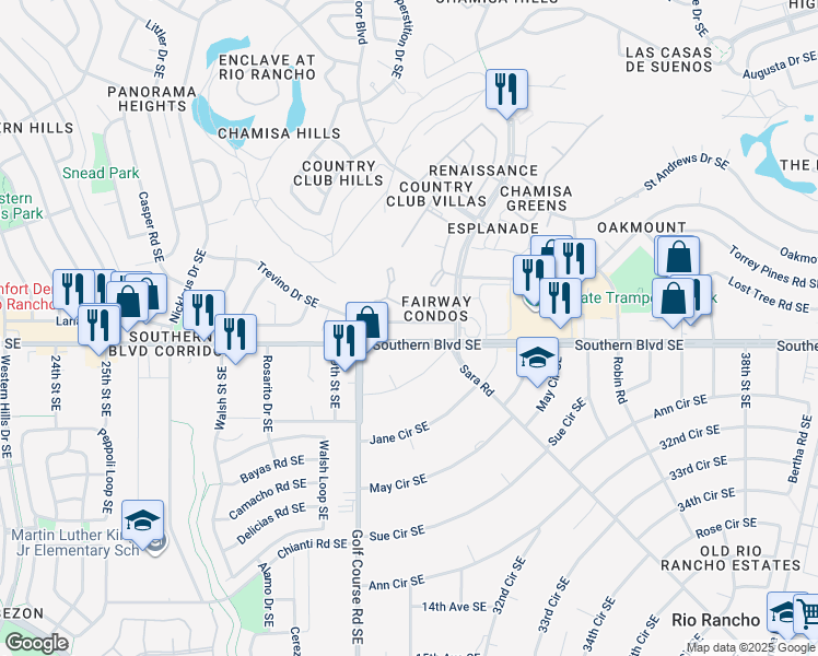 map of restaurants, bars, coffee shops, grocery stores, and more near 907 Country Club Drive Southeast in Rio Rancho