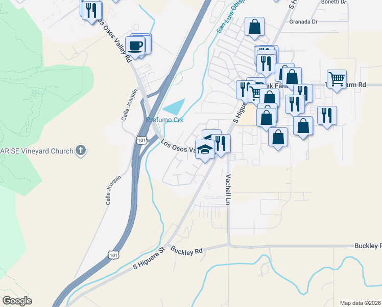 map of restaurants, bars, coffee shops, grocery stores, and more near 76 Los Palos Drive in San Luis Obispo