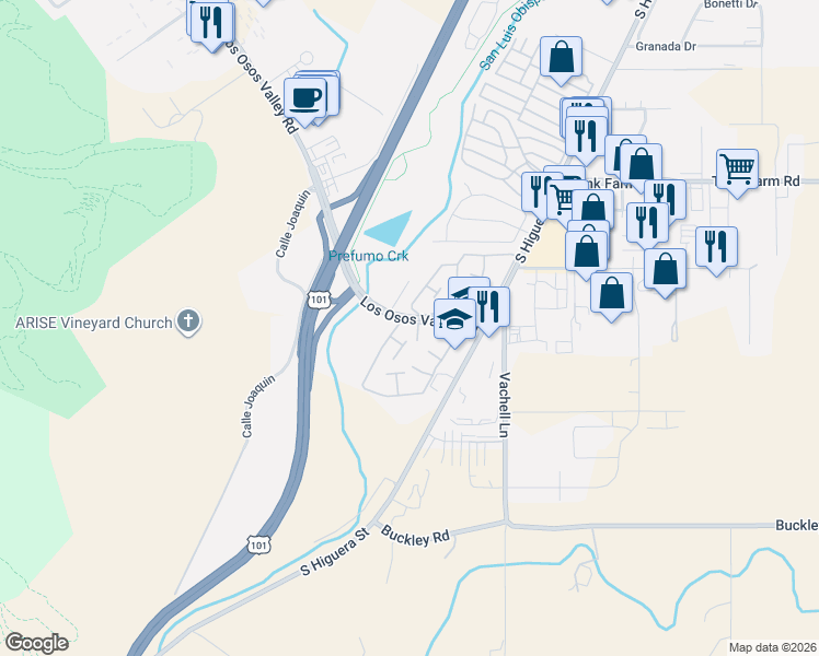 map of restaurants, bars, coffee shops, grocery stores, and more near 76 Los Palos Drive in San Luis Obispo