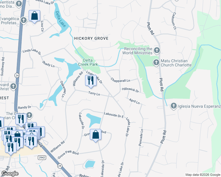 map of restaurants, bars, coffee shops, grocery stores, and more near 7113 Chapparall Lane in Charlotte