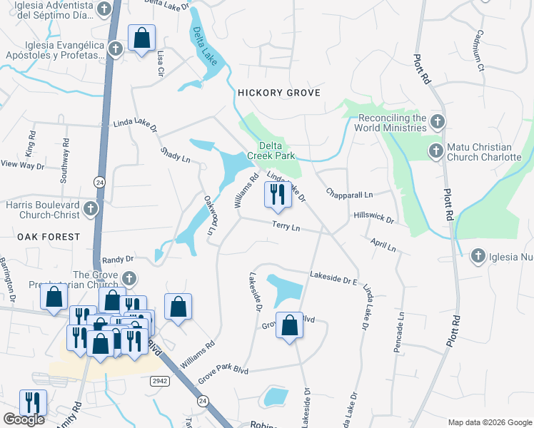 map of restaurants, bars, coffee shops, grocery stores, and more near 6701 Terry Lane in Charlotte