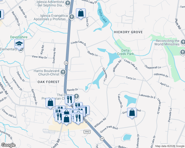 map of restaurants, bars, coffee shops, grocery stores, and more near 6405 Teague Lane in Charlotte