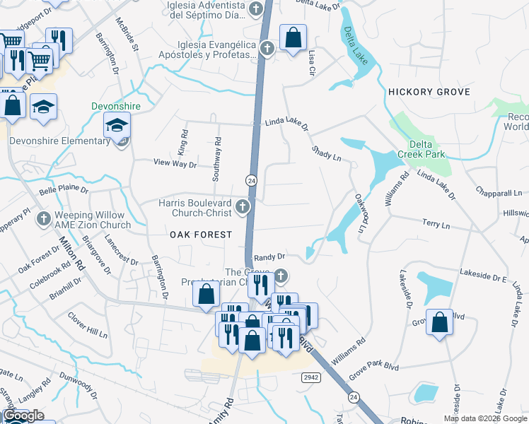 map of restaurants, bars, coffee shops, grocery stores, and more near 7000 Markway Drive in Charlotte
