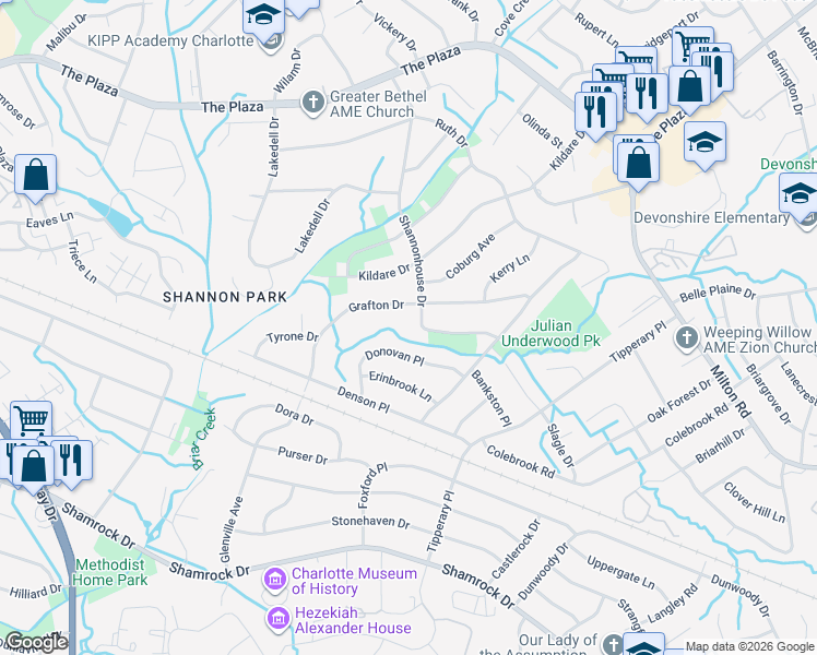 map of restaurants, bars, coffee shops, grocery stores, and more near 5240 Grafton Drive in Charlotte