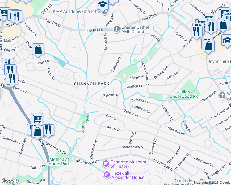 map of restaurants, bars, coffee shops, grocery stores, and more near 5118 Grafton Drive in Charlotte