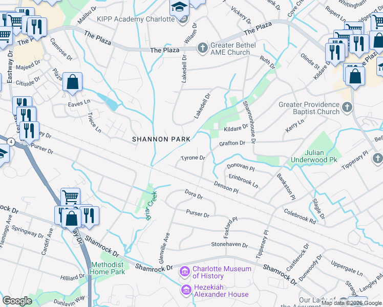 map of restaurants, bars, coffee shops, grocery stores, and more near 5101 Belcamp Lane in Charlotte