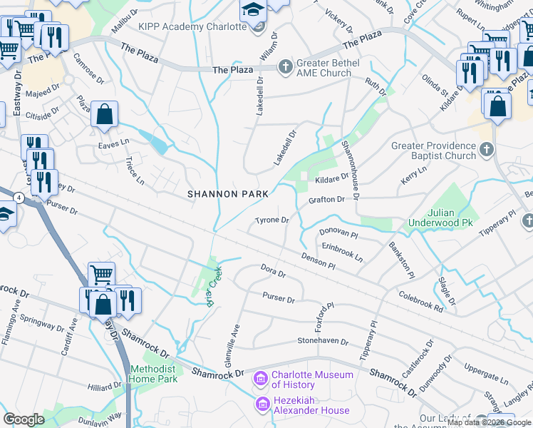 map of restaurants, bars, coffee shops, grocery stores, and more near 5101 Belcamp Lane in Charlotte
