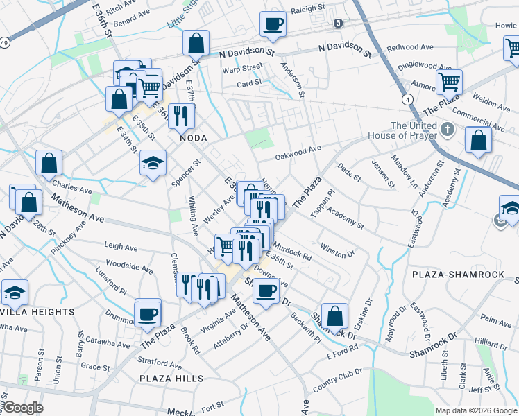 map of restaurants, bars, coffee shops, grocery stores, and more near 3314 Holt Street in Charlotte
