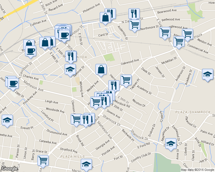map of restaurants, bars, coffee shops, grocery stores, and more near 3314 Holt Street in Charlotte