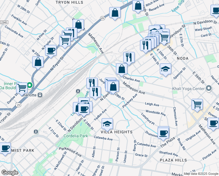 map of restaurants, bars, coffee shops, grocery stores, and more near 510 Jordan Place in Charlotte