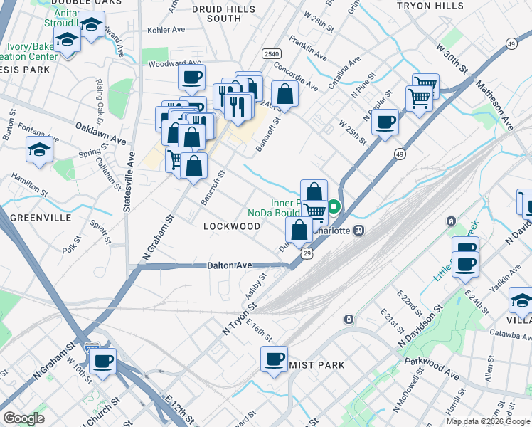 map of restaurants, bars, coffee shops, grocery stores, and more near 320 Sylvania Avenue in Charlotte