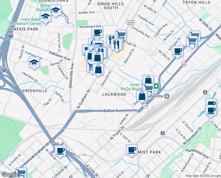 map of restaurants, bars, coffee shops, grocery stores, and more near 411 Sylvania Avenue in Charlotte