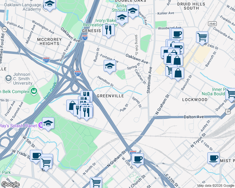 map of restaurants, bars, coffee shops, grocery stores, and more near 911 Canton Place in Charlotte
