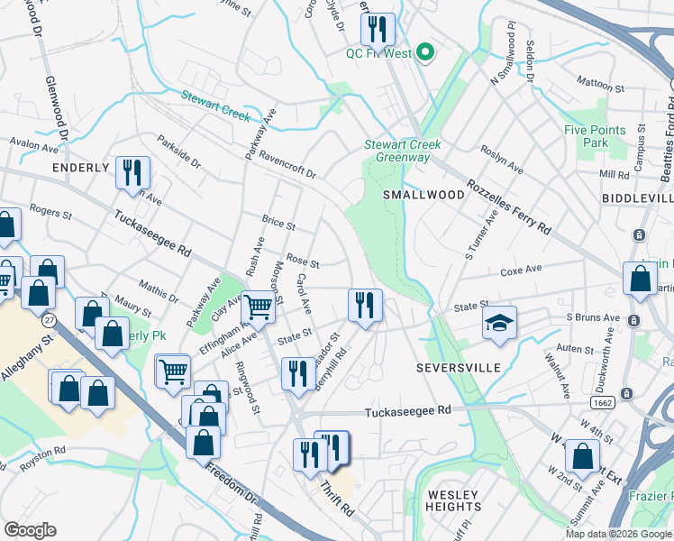 map of restaurants, bars, coffee shops, grocery stores, and more near 542 Ambassador Street in Charlotte