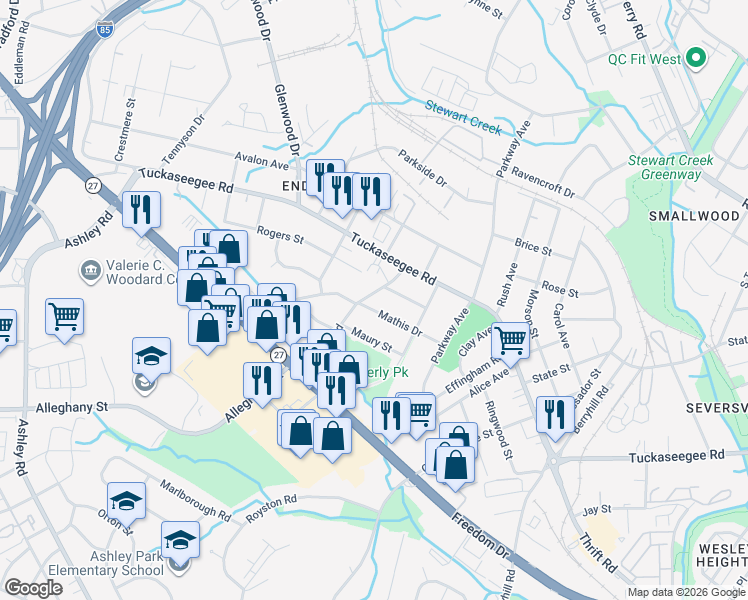 map of restaurants, bars, coffee shops, grocery stores, and more near 1217 Enderly Road in Charlotte