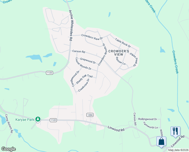 map of restaurants, bars, coffee shops, grocery stores, and more near 1304 Shady Oak Trail in Gastonia