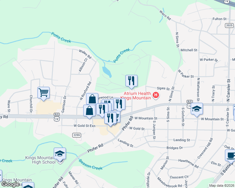 map of restaurants, bars, coffee shops, grocery stores, and more near 904 Sherwood Lane in Kings Mountain