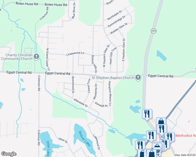 map of restaurants, bars, coffee shops, grocery stores, and more near 4293 Bishop Hills Drive in Memphis