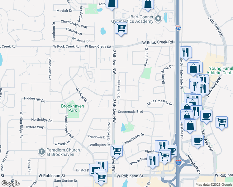 map of restaurants, bars, coffee shops, grocery stores, and more near 1928 Grassland Drive in Norman
