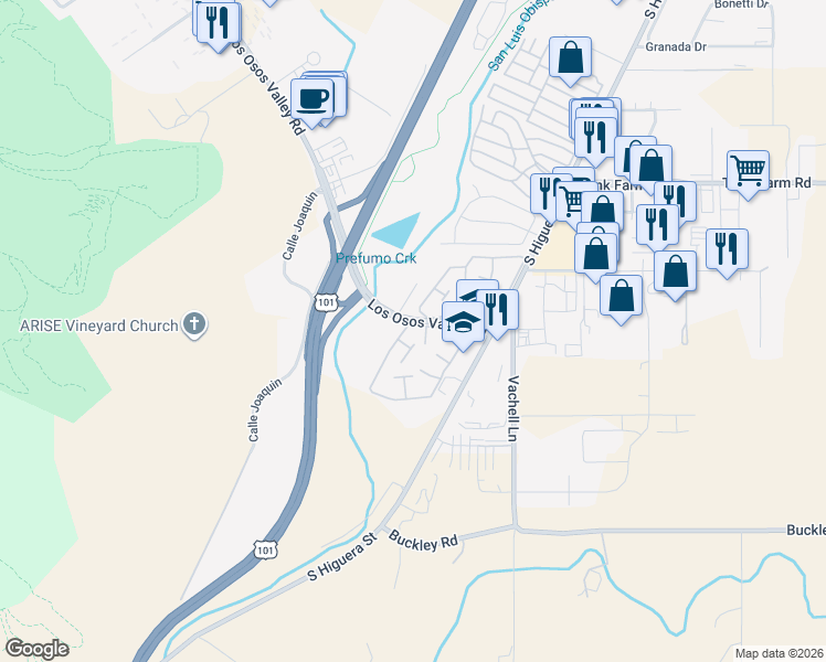 map of restaurants, bars, coffee shops, grocery stores, and more near 76 Los Palos Drive in San Luis Obispo