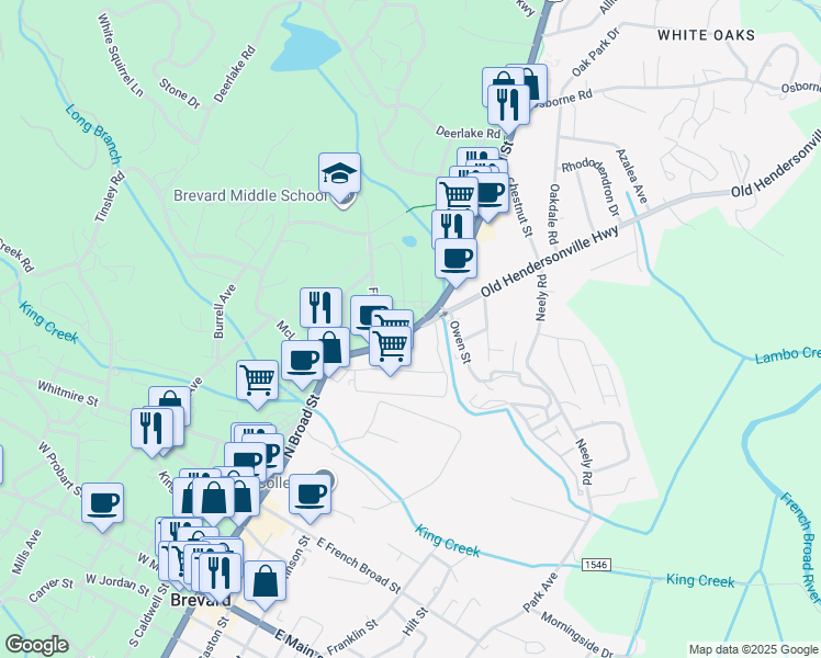 map of restaurants, bars, coffee shops, grocery stores, and more near 783 North Broad Street in Brevard