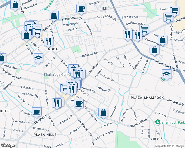 map of restaurants, bars, coffee shops, grocery stores, and more near 3420 The Plaza in Charlotte