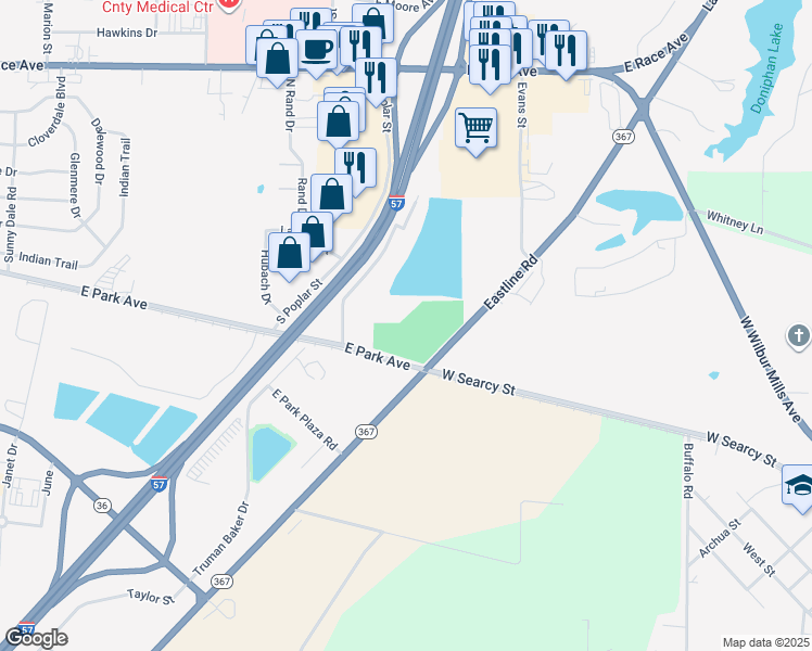 map of restaurants, bars, coffee shops, grocery stores, and more near White County Memorial Gardens Pvt in Searcy