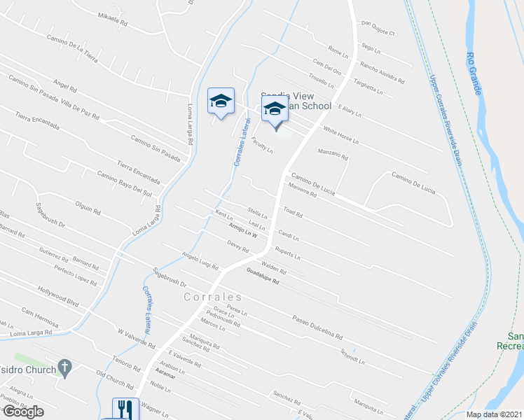 map of restaurants, bars, coffee shops, grocery stores, and more near 102 Stella Lane in Corrales