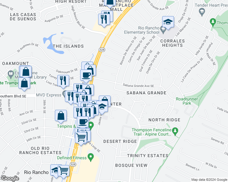 map of restaurants, bars, coffee shops, grocery stores, and more near 4248 Sabana Loop Southeast in Rio Rancho