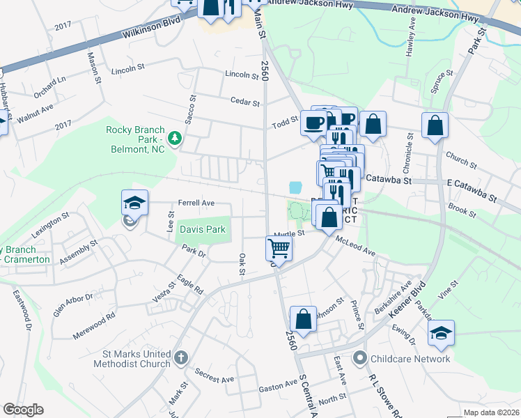 map of restaurants, bars, coffee shops, grocery stores, and more near 121 South Central Avenue in Belmont
