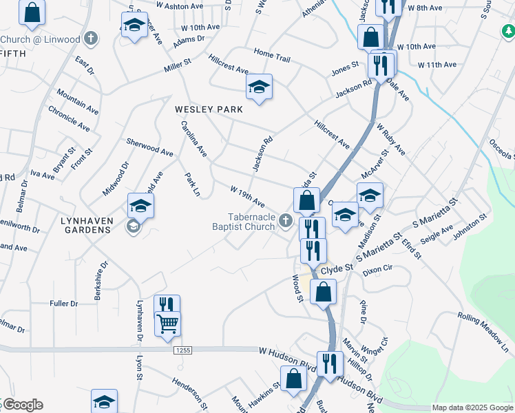 map of restaurants, bars, coffee shops, grocery stores, and more near 609 West 19th Avenue in Gastonia