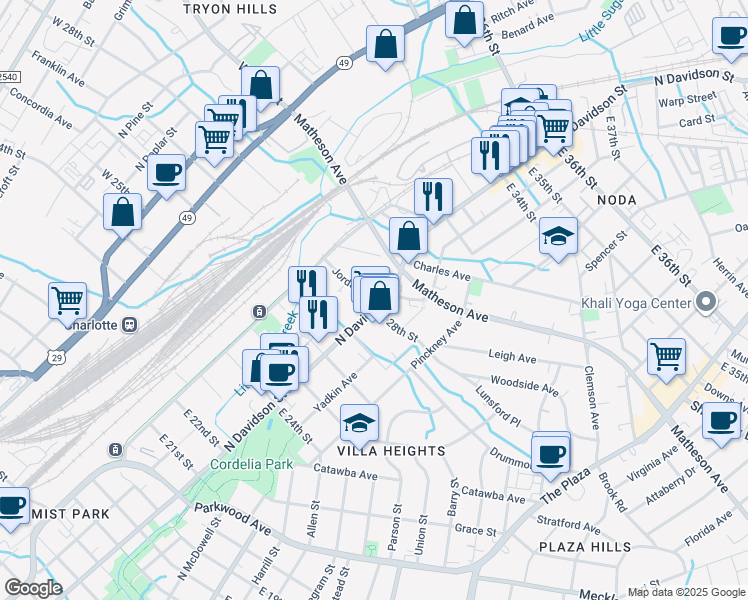 map of restaurants, bars, coffee shops, grocery stores, and more near 510 Jordan Place in Charlotte