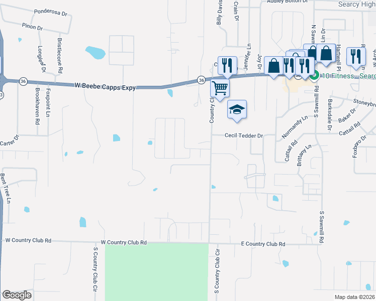 map of restaurants, bars, coffee shops, grocery stores, and more near 2614 Ridgewood Road in Searcy