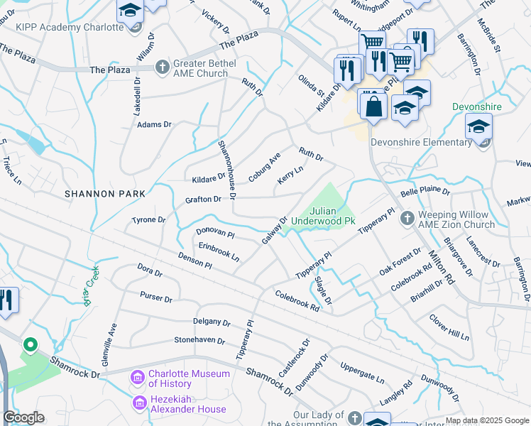 map of restaurants, bars, coffee shops, grocery stores, and more near 1813 Shannonhouse Drive in Charlotte
