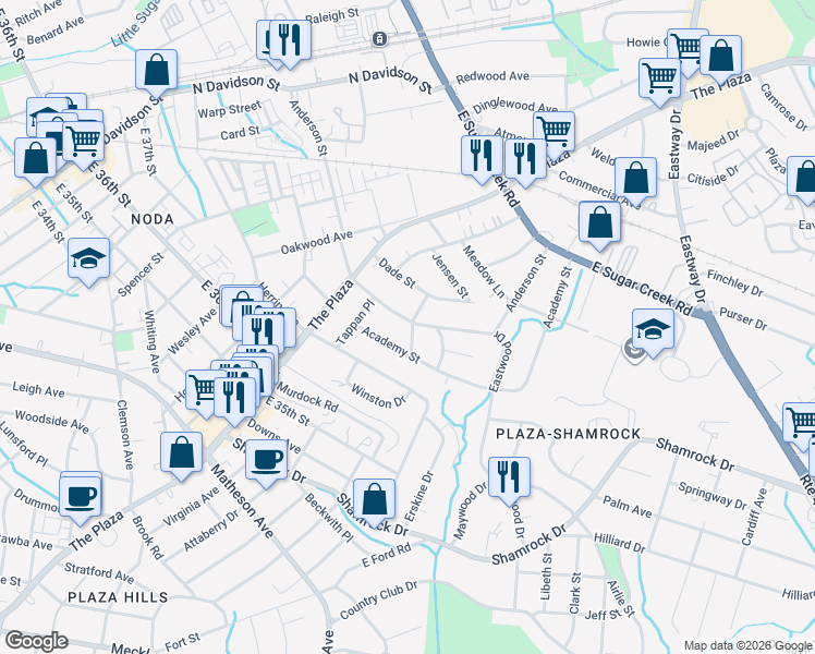 map of restaurants, bars, coffee shops, grocery stores, and more near 1426 Anderson Street in Charlotte