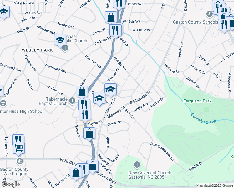map of restaurants, bars, coffee shops, grocery stores, and more near 301 West Oakhurst Avenue in Gastonia