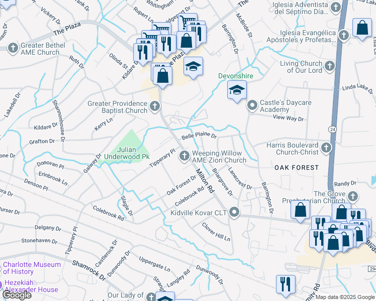 map of restaurants, bars, coffee shops, grocery stores, and more near 2208 Briargrove Drive in Charlotte