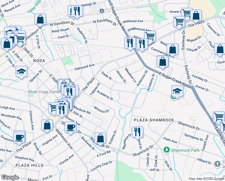 map of restaurants, bars, coffee shops, grocery stores, and more near 1426 Anderson Street in Charlotte